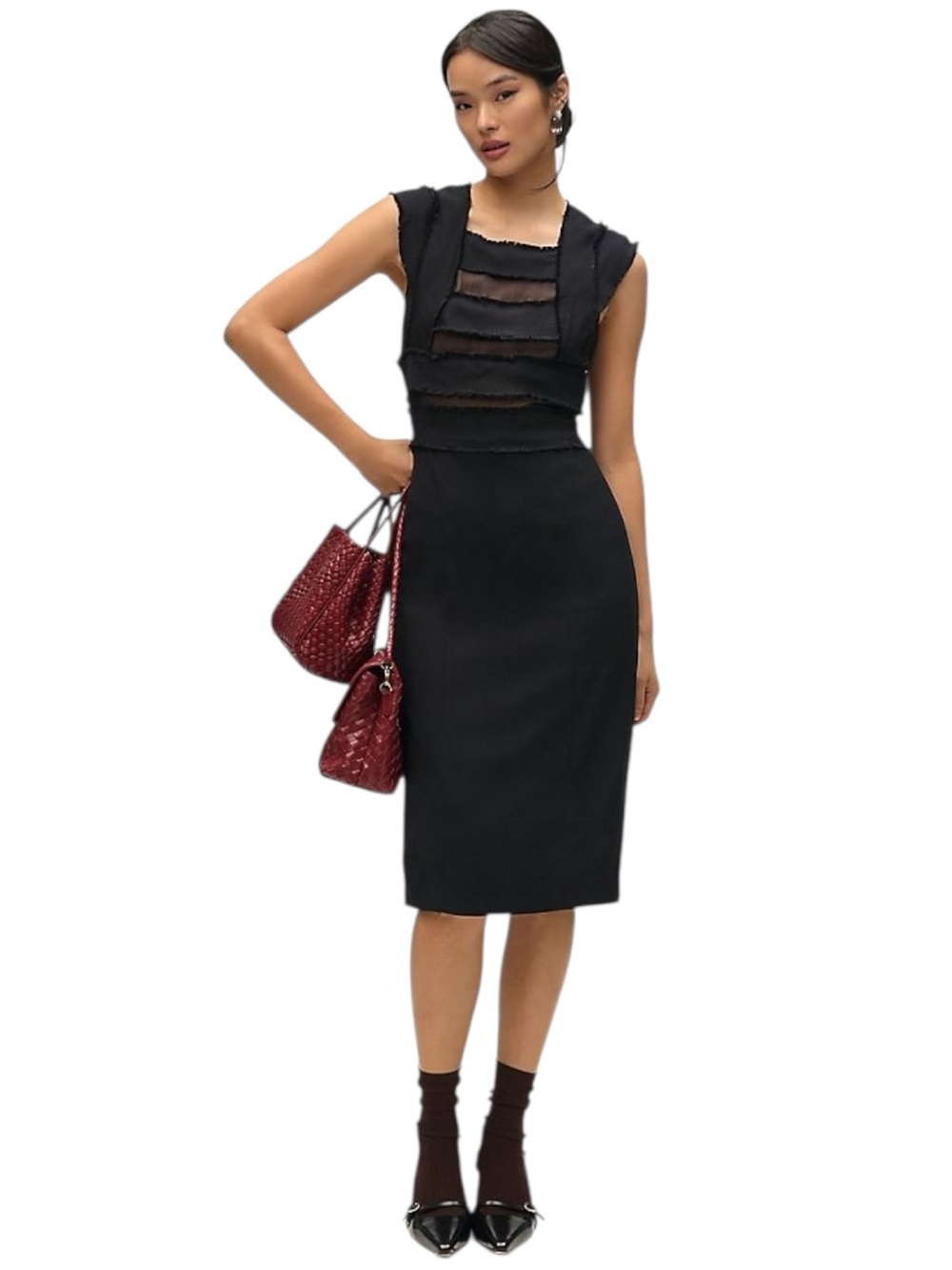 Anthropologie Black Cap Sleeve Mesh Panel Slim Midi Dress Size US 2